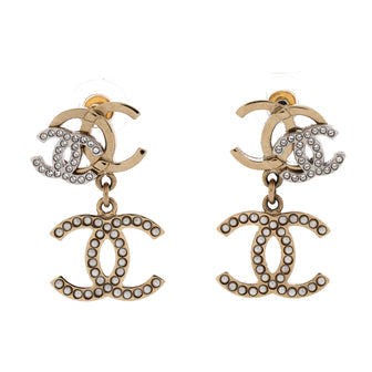 Chanel Triple CC Drop Earrings Metal with Crystals and Faux Pearls