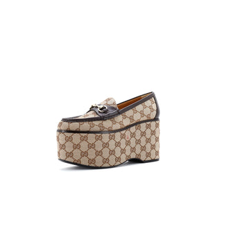 Gucci Women's Horsebit Wedge Platform Loafers GG Canvas with Leather