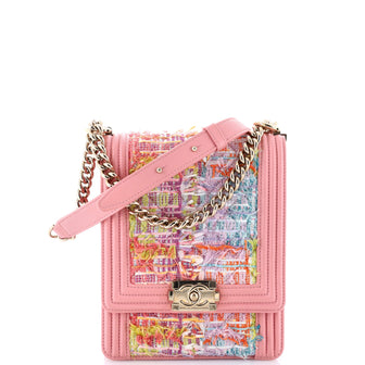 Chanel North South Boy Flap Bag Quilted Tweed Small