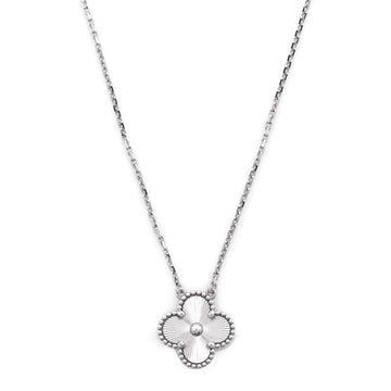 Van Cleef & Arpels Vintage Alhambra Pendant Necklace Guilloche 18K White Gold with Diamond