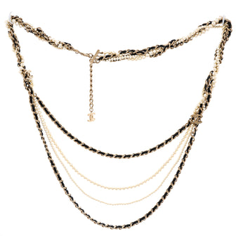 Chanel CC Braided Multistrand Long Necklace Metal with Leather and Faux Pearls