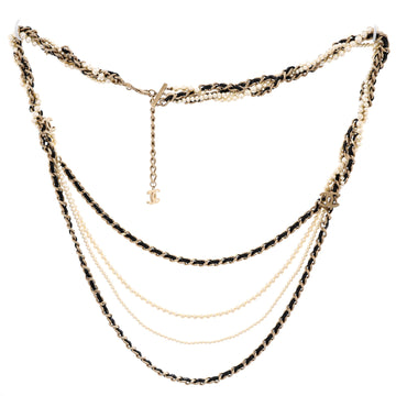 Chanel CC Braided Multistrand Long Necklace Metal with Leather and Faux Pearls