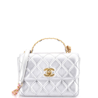 Chanel Logo Links Top Handle Flap Bag Quilted Calfskin Mini