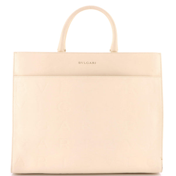 Bvlgari Logo Convertible Tote Embroidered Leather Medium Neutral