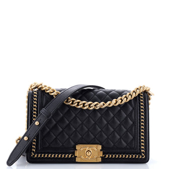 Chanel Boy Flap Bag Quilted Caviar with Whipstitch Chain Detail Old Medium