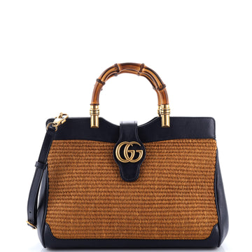 Gucci Dahlia Bamboo Top Handle Tote Straw and Leather Medium