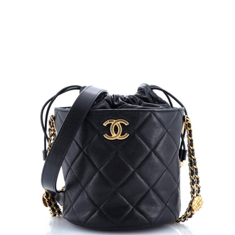 Chanel Twist Your Buttons Drawstring Bucket Bag Quilted Caviar Small