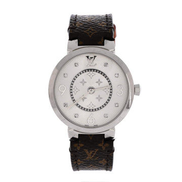 Louis Vuitton Tambour Monogram Quartz Watch Stainless Steel and Monogram Canvas with Diamond Markers 33