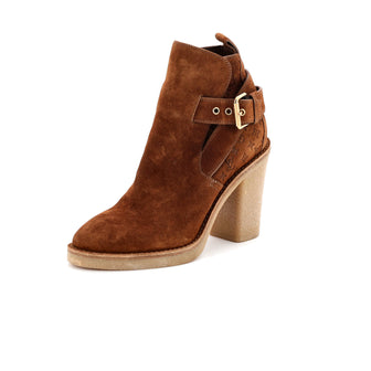 Louis Vuitton Women's Buckle Heeled Ankle Boots Monogram Embossed Suede
