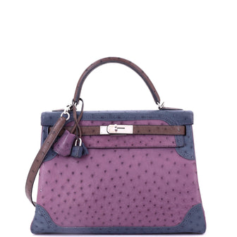 Hermes Kelly Ghillies Handbag Tricolor Ostrich with Palladium Hardware 32