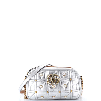 Gucci Pearly GG Marmont Shoulder Bag Embellished Matelasse Leather Small