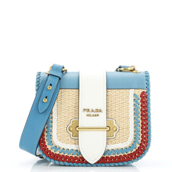 Prada Prada Cahier Rounded Crossbody Bag Leather and Straw Small