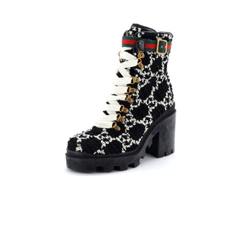 Gucci Women's Heeled Lace Up Combat Ankle Boots GG Tweed