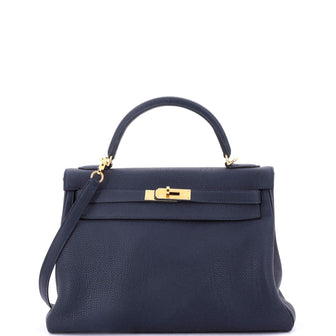 Hermes Kelly Handbag Blue Togo with Gold Hardware 32