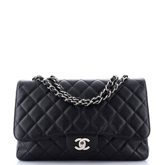Chanel Vintage Classic Single Flap Bag Quilted Caviar Jumbo