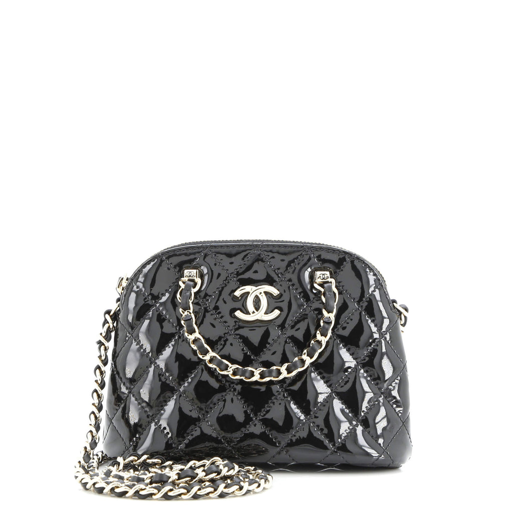 Chanel CC Dome Zip Crossbody Bag Quilted Patent Mini Black 3640611