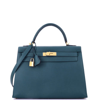 Hermes Kelly Handbag Blue Epsom with Gold Hardware 32