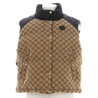 Gucci Women's Interlocking G Patch Button Up Puffer Vest Quilted GG Cotton Canvas and Polyester