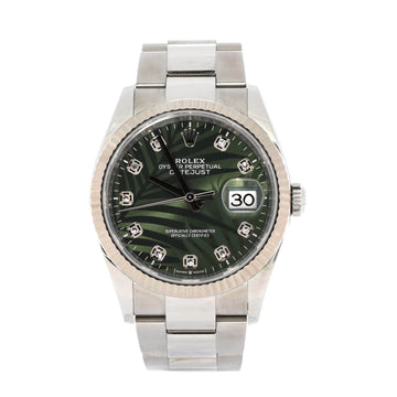 Rolex Oyster Perpetual Datejust Palm Motif Automatic Watch Stainless Steel and White Gold with Diamond Markers 36