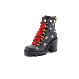 Gucci Women's Heeled Lace Up Combat Ankle Boots Leather with Faux Pearls