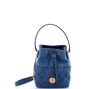 Versace Medusa Top Handle Drawstring Bucket Bag Quilted Denim Mini