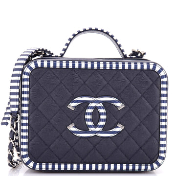 Chanel Filigree Vanity Case Quilted Caviar with Striped Leather Medium