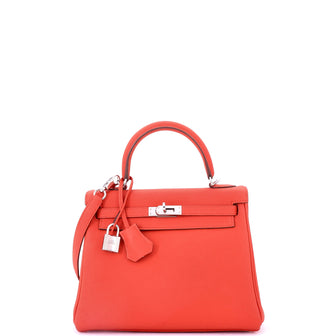 Hermes Kelly Handbag Red Togo with Palladium Hardware 25