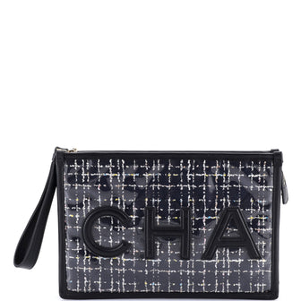 Chanel Logo Wristlet Clutch PVC Over Quilted Tweed Large