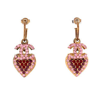Chanel Dangling CC Heart Drop Hoop Earrings Metal and Crystals