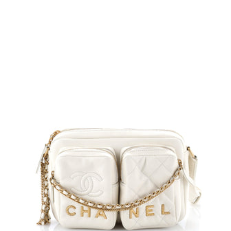 Chanel Logo Twin Pockets Chain Camera Case Quilted Calfskin Small