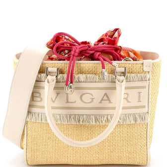 Bvlgari Fringe Logo Convertible Tote Raffia with Leather Medium