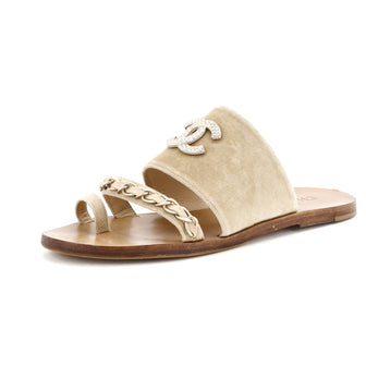 Chanel Women's Toe Ring CC Chain Slide Sandals Velvet