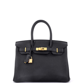 Hermes Birkin Handbag Black Clemence with Gold Hardware 30