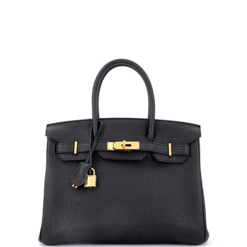 Hermes Birkin Handbag Black Clemence with Gold Hardware 30