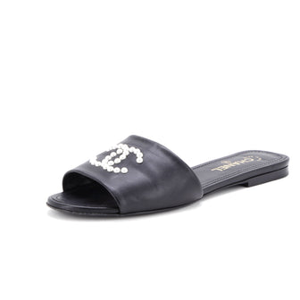 Chanel Women's CC Slide Sandals Leather with Faux Pearls