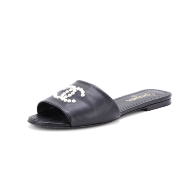 Chanel Women's CC Slide Sandals Leather with Faux Pearls