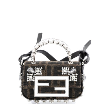 Fendi Maxi Handle Chain Baguette Charm Bag Crystal Embellished Zucca Canvas Nano