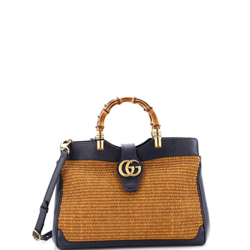 Gucci Dahlia Bamboo Top Handle Tote Straw and Leather Medium