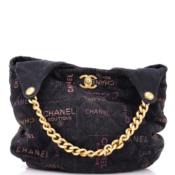 Chanel Denim Mood Hobo Logo Printed Quilted Denim Maxi