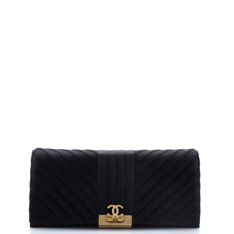 Chanel Chevron Pleated CC Flip Lock Flap Clutch Satin