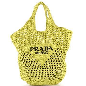 Prada Triangle Logo Bucket Tote Raffia Small