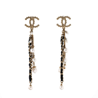Chanel CC Chain Fringe Dangle Stud Earrings Metal with Crystals, Faux Pearls, and Leather