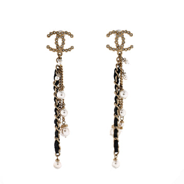 Chanel CC Chain Fringe Dangle Stud Earrings Metal with Crystals, Faux Pearls, and Leather