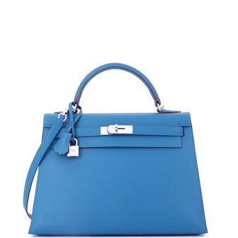 Hermes Kelly Handbag Blue Epsom with Palladium Hardware 32