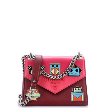 Prada Robot Patches Envelope Flap Chain Shoulder Bag Saffiano Leather Small