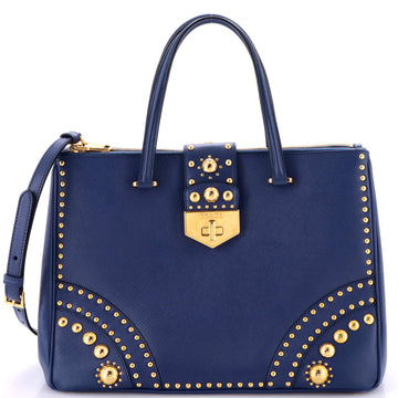 Prada Turnlock Double Zip Tote Studded Saffiano Leather Medium