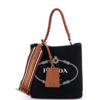 Prada Braided Convertible Bucket Bag Canvas with Leather Small