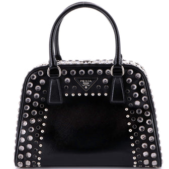 Prada Pyramid Top Handle Bag Studded Vernice Saffiano Leather Large