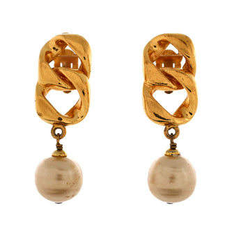 Chanel Chain Dangle Clip-On Earrings Metal with Faux Pearls