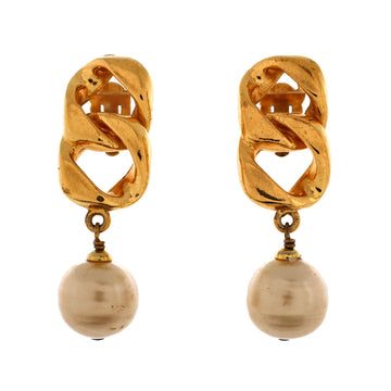 Chanel Chain Dangle Clip-On Earrings Metal with Faux Pearls